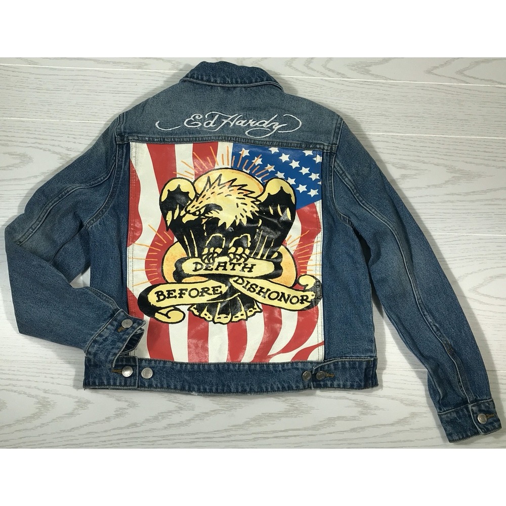 Ed Hardy Denim Jacket Womens Small Blue Death Before Dishonor Graphic Eagle USA